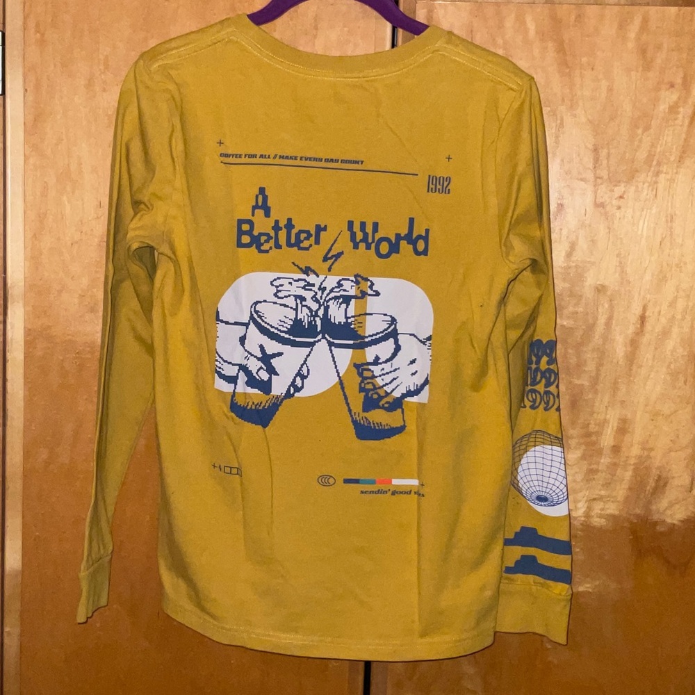 Dutch Bros Better World Mustard Yellow Graphic Long Sleeve Shirt